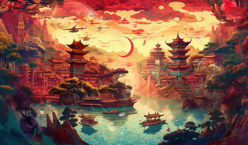 红色国潮建筑风景,插画/手绘图,插画/手绘图库,插画/手绘图下载,插画/手绘